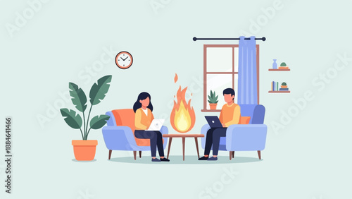 Two people sit on plush chairs working on laptops near a bright fire