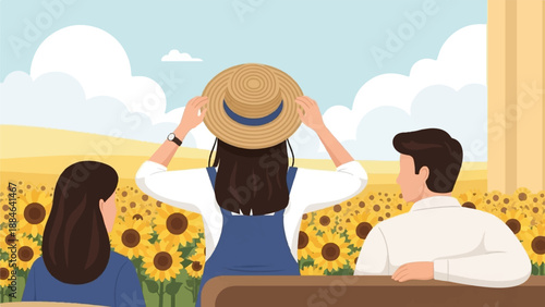 Three people enjoying a scenic sunflower field vista on a clear day