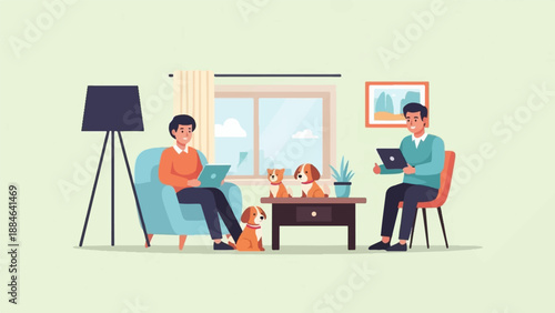 Two people working on laptops in a cozy living room with dogs