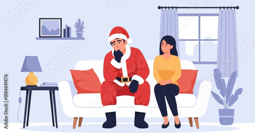 Sad Santa sits with woman indoors, looking pensive