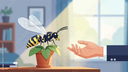 Wasp on potted plant near open hand and window with sunlight