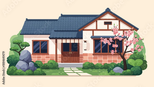 Pixel art illustration of a charming house with cherry blossoms