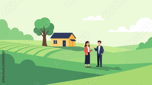 People talking in a green landscape with a house and tree