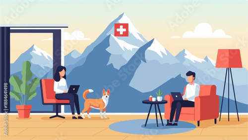 Remote work in a cozy home with a mountain view and a dog
