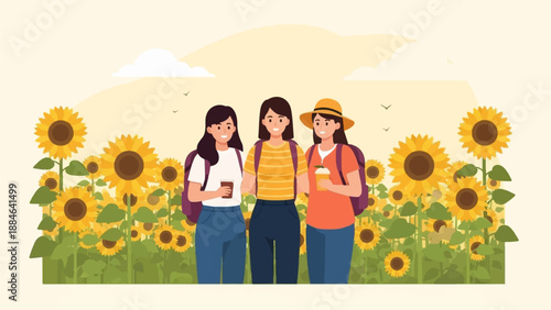 Three smiling young women stand in a field of sunflowers