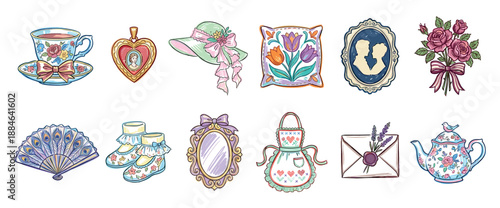 Collection of vintage hand-drawn illustrations featuring a teacup, locket, hat, fan, and teapot in a romantic, shabby chic style with delicate pastel colors and charming details