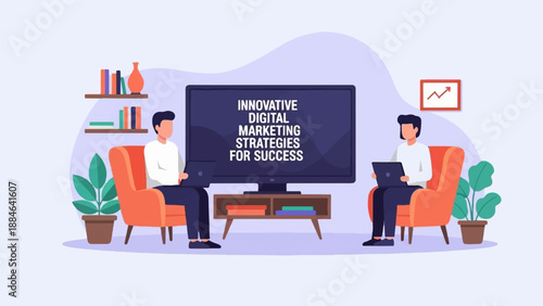 Two individuals discuss marketing strategies on laptops in a room