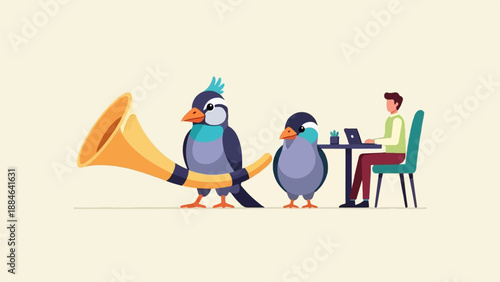 Two birds, one with a horn, and a person working on a laptop