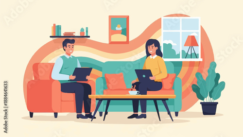 Two people work on laptops in a cozy living room with a rainbow-like backdrop