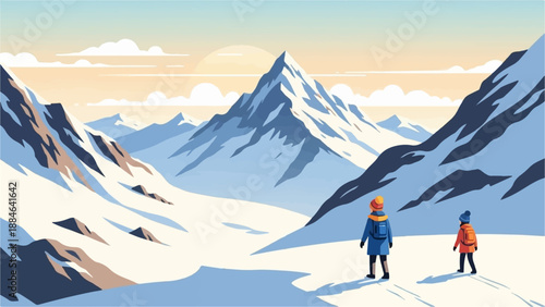 Two figures in winter gear stand in a snowy mountain landscape