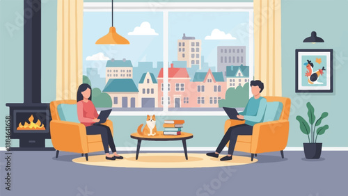 People working on laptops in cozy living room with city view and fireplace