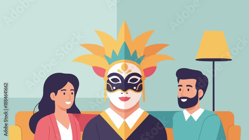 Three people with one wearing an elaborate mask and two observing