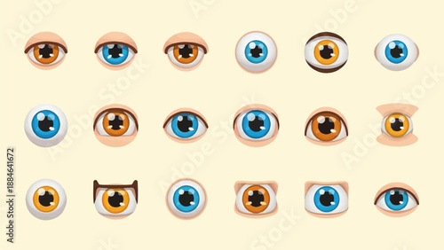 Various cartoonish eyes in blue and brown hues, displayed on a pale yellow background