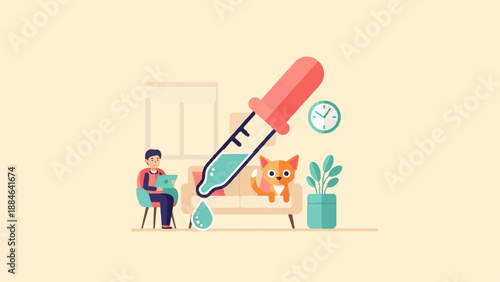 Person working at home with cat, dropper, plant, and clock