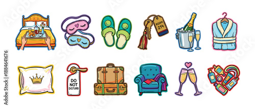 Colorful hotel and travel icon set with a bed, breakfast, suitcase, and champagne in a hand-drawn doodle style for vacation, hospitality, and leisure concepts