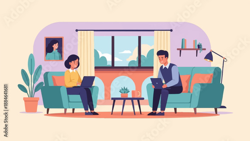 Two people working on laptops in a cozy living room with plants (6)