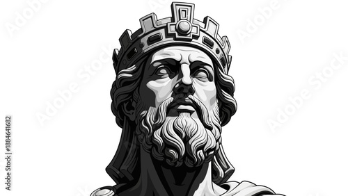 Stone King Statue Bust with Crown and Beard - Isolated