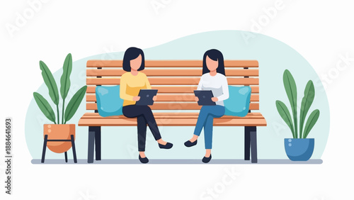 Two women sit on a bench with plants and tablets, illustration