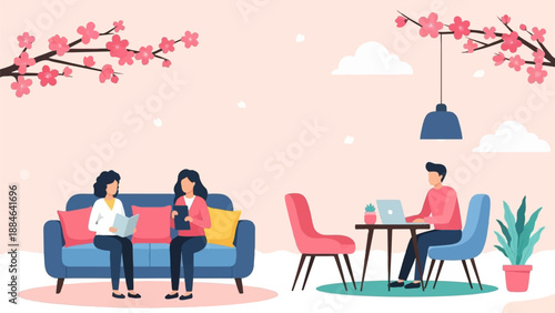People relaxing and working outdoors under cherry blossoms and clouds