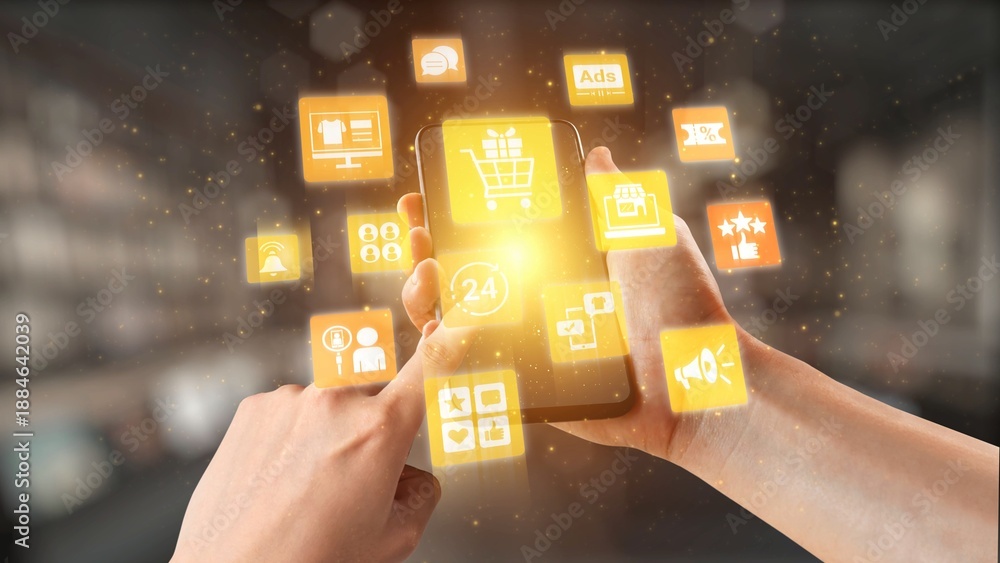 Obraz premium Concept of social media shopping transforms e-commerce. This platform offers seamless shopping experiences, enhancing social media interaction for online business growth. Gist