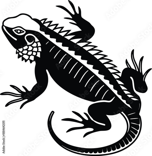 Iguana Silhouette: An artistic, monochrome rendering of an iguana in a sleek, silhouette style, highlighting the reptilian creature's distinctive features and textures.