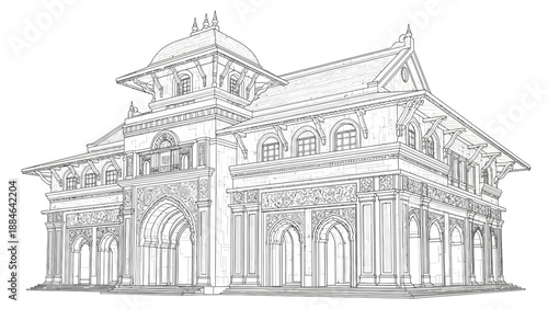 Ornate Indian Palace Facade Sketch, Architectural Design