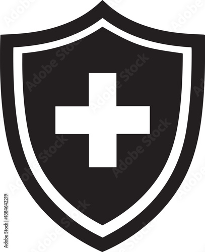 Medical protection shield icon with a white cross, representing healthcare safety, life insurance security, and emergency defense. Minimalist black vector symbol for clinic and hospital branding.