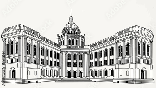 Grand Government Building Exterior Facade Line Art Drawing