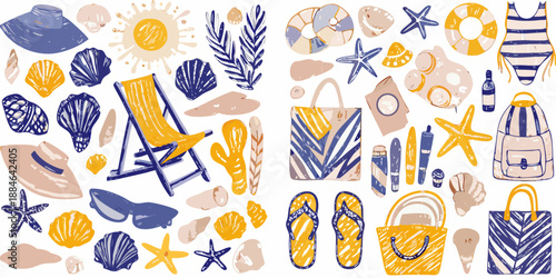 Colorful summer themed illustrations of beach elements and vacation accessories