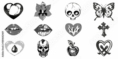 A collection of grayscale illustrations featuring hearts skulls lips and symbolic motifs