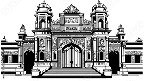 Ornate Indian Palace Entrance, Intricate Architecture, Black and White Drawing