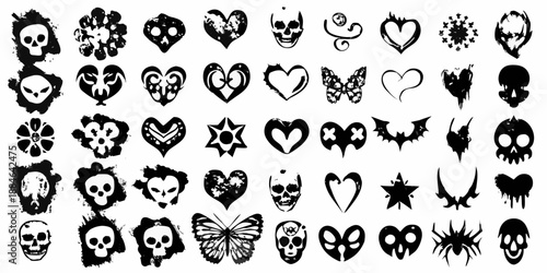 A collection of dark gothic elements skulls hearts bats and floral designs