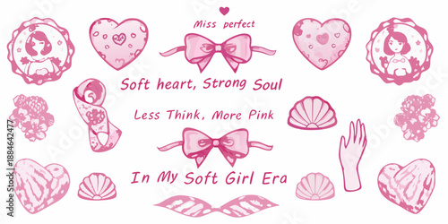 A collection of pink hearts bows and shells with cute girl illustrations