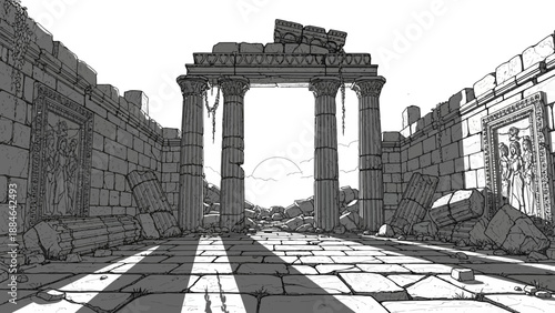 Ancient Roman Ruins, Arches, Columns, and Crumbling Walls