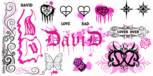 A collection of pink and black tattoo designs including hearts and the name david