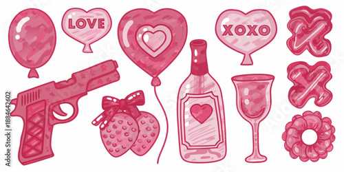 A quirky collection of valentine s day themed items including a gun and alcohol