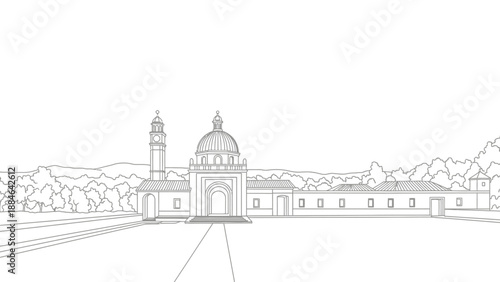Architectural Line Drawing of a Historic Building with Dome and Tower