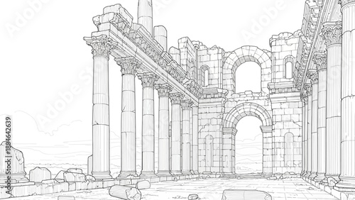 Ancient Roman Ruins Sketch, Columns, Arches, Historic Architecture Line Art