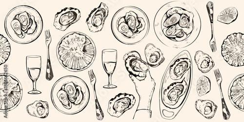 A vintage sketch of oysters on the half shell with citrus and wine