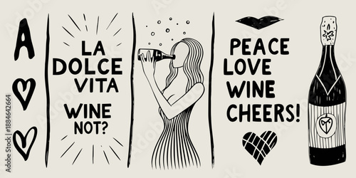 A stylish illustration featuring wine hearts and the phrase la dolce vita