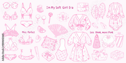 Aesthetic pink illustration showcasing lingerie robes and beauty accessories
