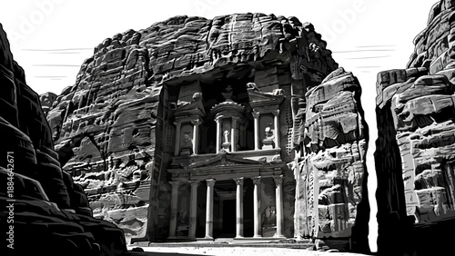 Ancient Petra Treasury facade carved in rock, Jordan