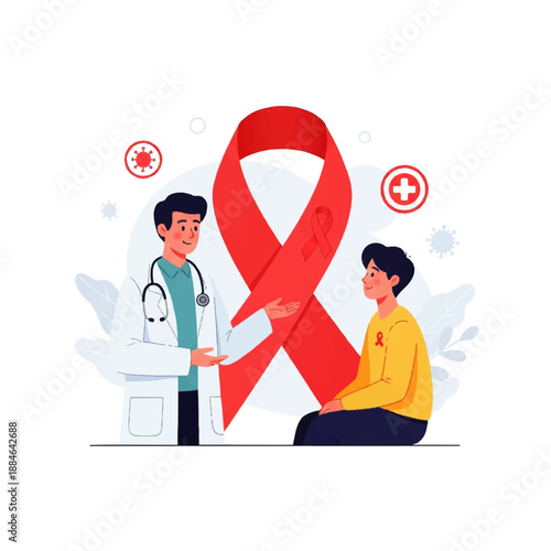 A doctor in a white coat and a patient with a yellow shirt sitting and holding hands in front of a large red awareness ribbon on a white background with Flat Design Ilustration Vector style.