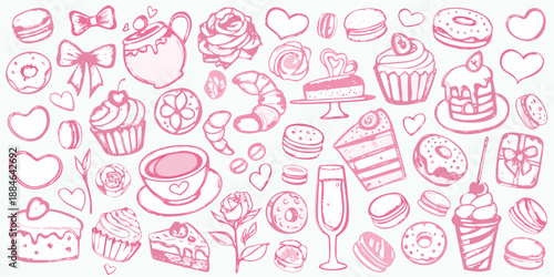 A delightful pink sketch of various sweet treats and baked goods