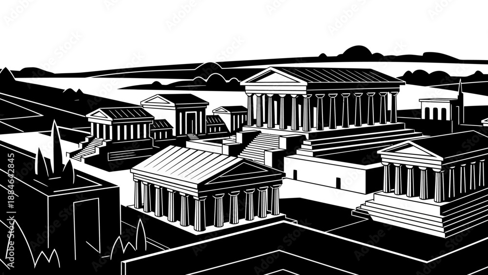 Naklejka premium Ancient Greek Acropolis Architecture Illustration