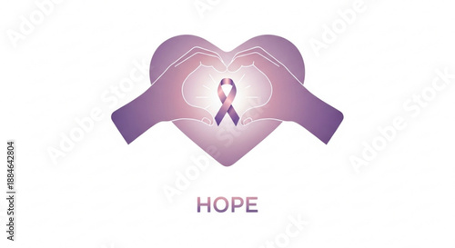 Purple ribbon in heart shaped hands symbolizing hope and support