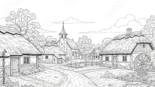 Rural Village Sketch: Thatched Cottages and Church