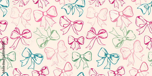 A delightful pattern of hand drawn bows in shades of pink teal and green