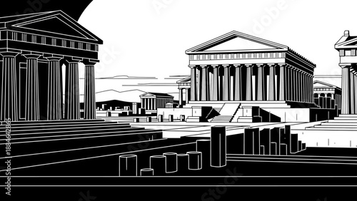 Ancient Greek Architecture Landscape, Monochrome Illustration