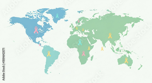 World map with colorful markers on continents global locations marked
